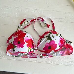 La Vie en Rose Aqua  XL floral, print, pink, red, white green yellow bikini top